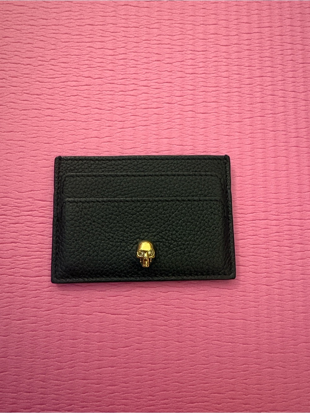 Black Leather Card Holder with Gold Skull Accent